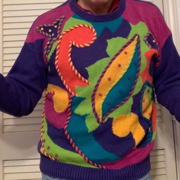 Sweaters - VINTAGE 80S GRANNY COTTAGE CORE PURPLE POP COLOR SWEATER AVANT NEW WAVE WINTER